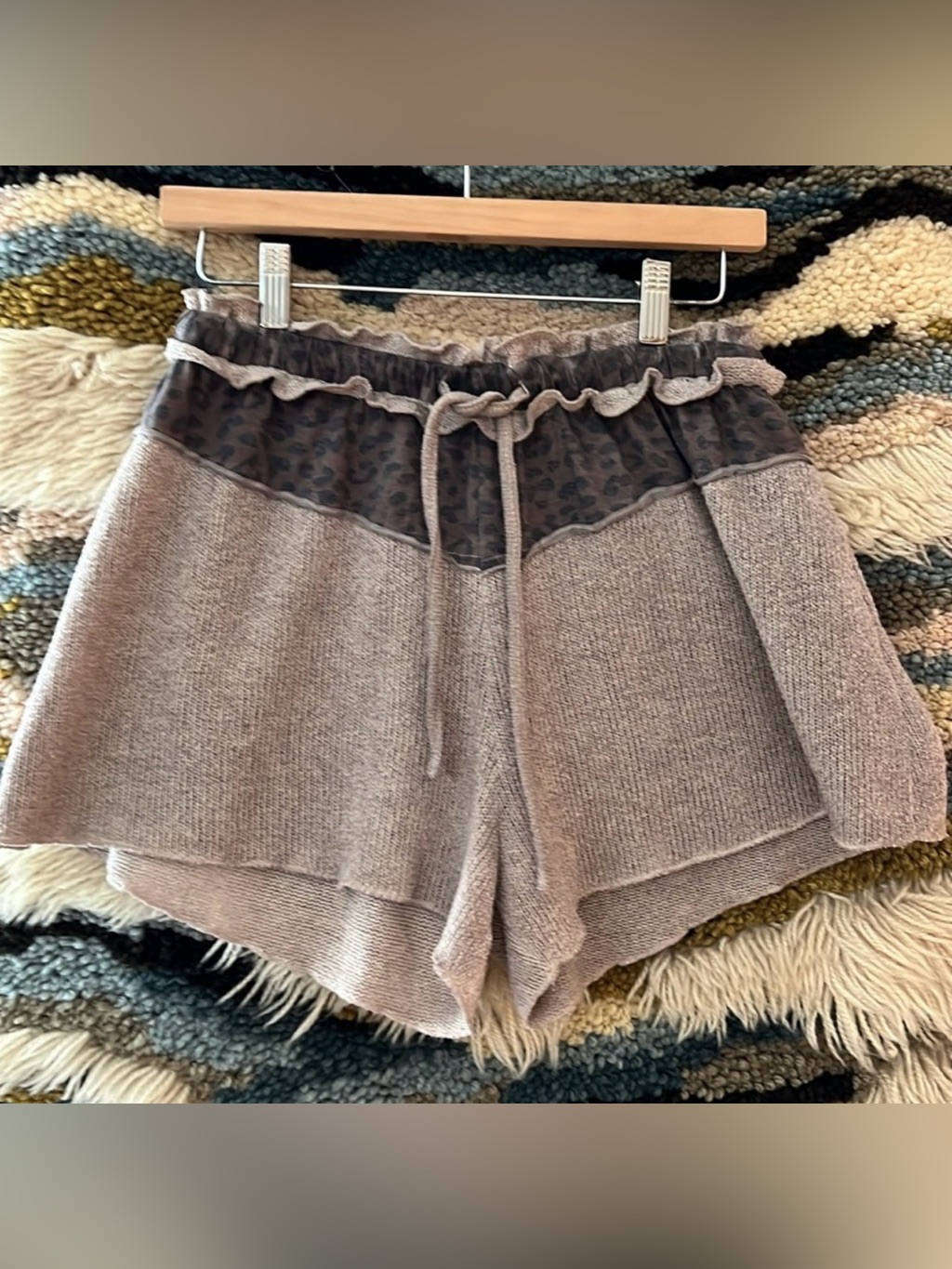 Pol Knit Sexy Micro Shorts Drawstring Ruffle Waist Cheetah Print Accent Brown M
